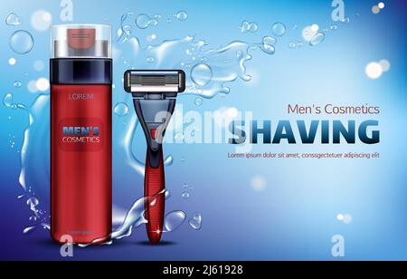 Cosmetici uomo, schiuma da barba, lama di rasoio di sicurezza poster pubblicitari vettoriali 3d realistici. Prodotto cosmetico per la cura del corpo, flacone rosso e rasoio su sfondo blu w Illustrazione Vettoriale