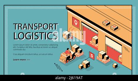 Logistica dei trasporti, servizio di consegna banner web vettoriale isometrico, landing page. Carrello elevatore trasporto, trasporto merci, pacchi su stoviglie a palette Illustrazione Vettoriale