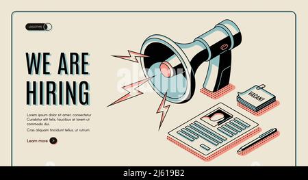 Agenzia di assunzione, offerte di lavoro ricerca online servizio isometrico vettore web banner, landing page template con candidato di lavoro, vacante candidato resume o. Illustrazione Vettoriale
