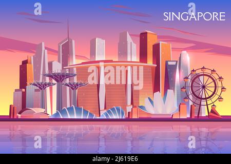Singapore sera, skyline del mattino con futuristici grattacieli edifici sulla baia della città illuminati con ambientazione, innalzando il sole cartoon vettore sfondo. R Illustrazione Vettoriale