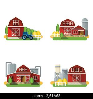Edifici agricoli e case di campagna icone piatte insieme vettore isolato illustrazione Illustrazione Vettoriale