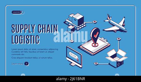 Pagina di atterraggio isometrica logistica della catena di fornitura, trasporto di carichi aerei, processo di consegna delle merci, esportazione, importazione nel mondo, rete commerciale globale, Illustrazione Vettoriale