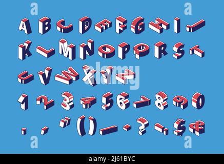 Alfabeto isometrico, numeri e punteggiatura con segni di pattern punteggiati in piedi e giacenti in RAW su sfondo blu. Lettere ABC, elemento tipografico 3d Illustrazione Vettoriale