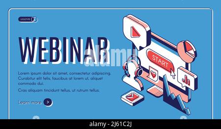 Webinar, conferenza, seminario video, banner di formazione online. Background di apprendimento interattivo con monitor del computer, icone della tecnologia Internet. Isomet Illustrazione Vettoriale