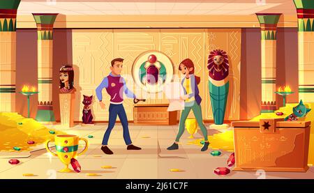 Quest fuga camera, Egitto pharaoh tomba con la gente. Uomo con chiave e donna con mappa alla ricerca uscita dal tesoro con sarcofago, monete d'oro, gemme e. Illustrazione Vettoriale