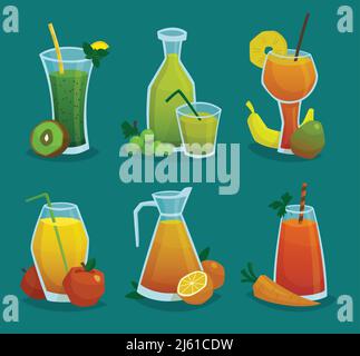 Icone decorative Set di caraffe e bicchieri con succo fresco e frutti fatti in cartoon stile isolato vettore illustrazione Illustrazione Vettoriale