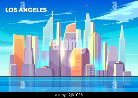 Skyline della città di Los Angeles con illuminato da grattacieli del sole edifici sulla riva del mare, ospita riflessioni in baia acqua cartoon vettore sfondo. Moderno Illustrazione Vettoriale