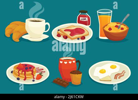 Set di icone per la colazione in stile cartone animato isolato illustrazione vettoriale Illustrazione Vettoriale