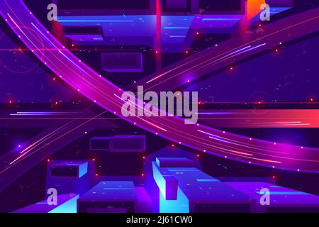 Metropoli notte superstrada colori al neon, vista dall'alto vettore cartoon. Automobili che vanno in autostrada a due livelli con svincolo e cavalcavia tra grattacieli illuminati Illustrazione Vettoriale