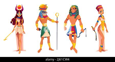 Antichi dèi e governanti egiziani Hathor, Ra, Faraone, Nefertiti, divinità egiziane, re e regina con attributi di religione isolati su sfondo bianco, Illustrazione Vettoriale