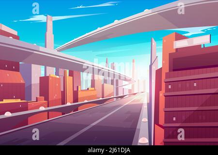 Strada urbana, superstrada vuota, autostrada a due corsie, cavalcavia o ponte nella moderna megapoli. Infrastruttura di rete di trasporto con sci urbano Illustrazione Vettoriale