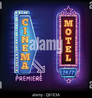 Cartelli verticali luce retrò con emblemi del cinema e del motel isolati illustrazione vettoriale Illustrazione Vettoriale