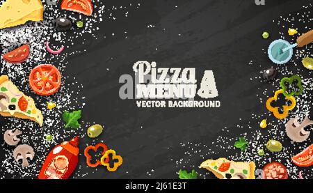 Menu pizza lavagna sfondo cartoon ingredienti freschi illustrazione vettoriale Illustrazione Vettoriale