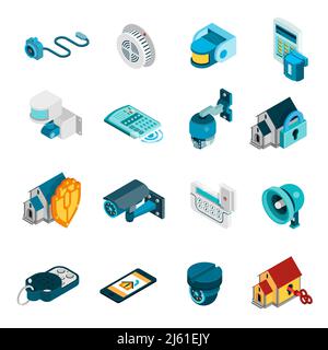 Icone isometriche del sistema di sicurezza impostate con simboli di allarme e telecamera illustrazione vettoriale isolata Illustrazione Vettoriale