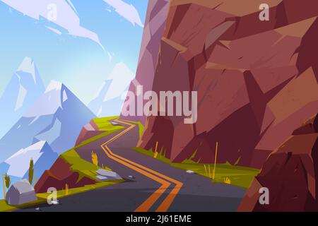 Strada asfaltata di montagna, strada vuota riccamente tortuosa in paesaggio roccioso estivo di campagna. Speedway serpentina viaggio scenico sfondo con colline Illustrazione Vettoriale