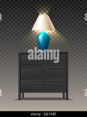 3d icona del vettore realistico. Comodino grigio con lapm moderno blu sulla parte superiore con luce. Isolato su sfondo trasparente. Illustrazione Vettoriale