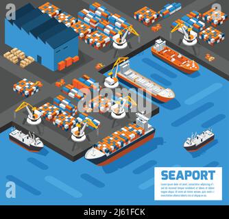 Vista aerea del lungomare di Porto e terminale marittimo con il contenitore di carico della nave isometrica abstract poster illustrazione vettoriale Illustrazione Vettoriale