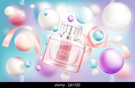 Bottiglia di profumo. Spruzzatore in vetro con liquido rosa e nastro di seta su sfondo arcobaleno con bolle perlacee, modello di design della confezione. Fragranza femminile Illustrazione Vettoriale