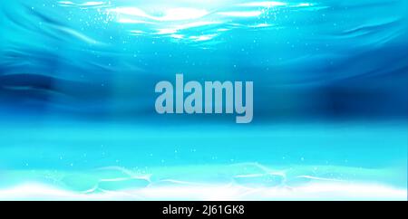 Fondo subacqueo, superficie d'acqua, oceano, mare, piscina acqua texture trasparente con onde, increspature e raggi solari che cadono sul fondo, modello Illustrazione Vettoriale