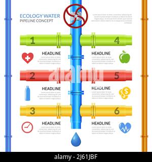 Modello di progettazione infografica sul tema oleodotto ecologico con tubi illustrazione vettoriale di informazioni tecnologiche e sulla valvola Illustrazione Vettoriale