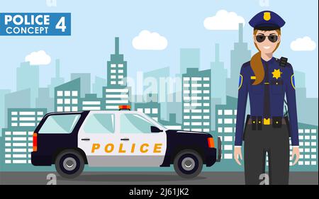 Concetto di polizia. Illustrazione dettagliata di poliziotto e auto di polizia sullo sfondo con paesaggio urbano in stile piatto. Illustrazione vettoriale. Illustrazione Vettoriale