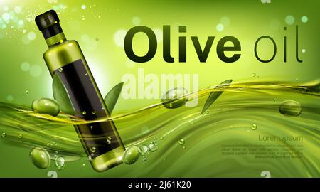 Striscione per boccagli d'olio d'oliva, fiasca in vetro che galleggia in flusso verde liquido con foglie e bacche. Prodotto vegetale per una cucina sana promoti Illustrazione Vettoriale