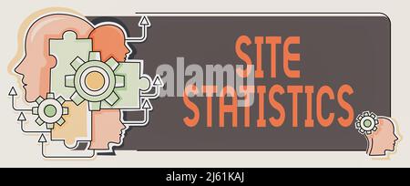 Testo della scrittura Statistiche sito. Business showcase misurazione del comportamento dei visitatori di alcuni siti web teste multiple con cogs mostrando tecnologia Foto Stock