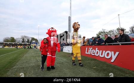 Sutton, UK 26th Aprile 2022 : Sutton United mascotte 'Jenny' la giraffa e la mascotte di Crawley Town Reggie il Diavolo Rosso visto prima della EFL League due partite tra Sutton United e Crawley Town al tSutton Football Club. Credit: James Boardman/Alamy Live News Foto Stock