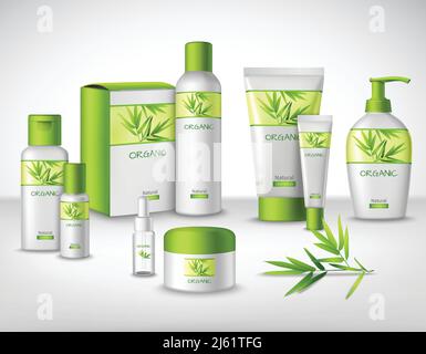 Prodotti cosmetici naturali di bambù a base di erbe in diversi contenitori decorativi set illustrazione vettoriale Illustrazione Vettoriale