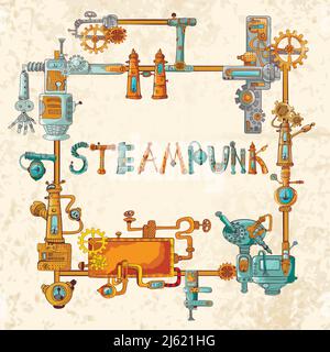 Telaio Steampunk con macchine industriali catene di ingranaggi ed elementi tecnici illustrazione vettoriale Illustrazione Vettoriale