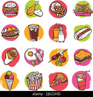 Fast food spazzatura disegnata a mano decorativo colorato set di icone isolato illustrazione vettoriale Illustrazione Vettoriale