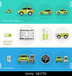 Banner orizzontali per auto elettriche con elementi di carica della batteria illustrazione vettoriale isolata Illustrazione Vettoriale