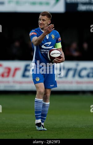 SOUTH SHIELDS, REGNO UNITO. APR 26th Mark Roberts di Warrington Town reagisce durante la partita di semifinale tra South Shields e Warrington Town al Mariners Park, South Shields martedì 26th aprile 2022. (Credit: Will Matthews | MI News) Credit: MI News & Sport /Alamy Live News Foto Stock