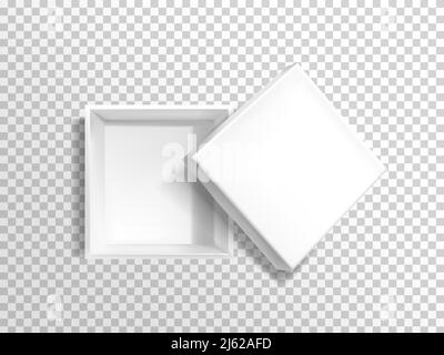 Scatola per pizza in cartone vuota, bianca, quadrata o vuota con coperchio, vista dall'alto modello vettoriale 3d realistico isolato su sfondo trasparente. Illustrazione Vettoriale
