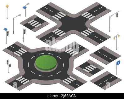 Crocevia isometrica vettoriale impostata. infrastruttura di trasporto stradale 3d, elemento di progettazione del paesaggio urbano. Illustrazione della strada del veicolo in centro Illustrazione Vettoriale