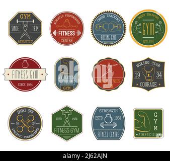 Fitness e sport atletica performance vintage etichette set piatto isolato illustrazione vettoriale Illustrazione Vettoriale