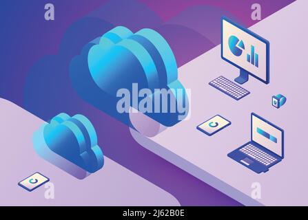 Illustrazione vettoriale della tecnologia di archiviazione cloud del trasferimento di dati Internet presso il centro server di elaborazione digitale. Comunicazioni online su computer e smartphone Illustrazione Vettoriale