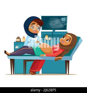 Vettore cartoon arabo ecografia gravidanza screening concetto. Musulmano khaliji medico donna uniforme medica hijab scansione giovane arabo madre pancia looki Illustrazione Vettoriale