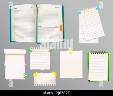 Note su diario e messaggi illustrazione vettoriale di fogli di carta per note con segnalibri e adesivi per appunti. Set isolato di promemoria per ufficio o casa e b Illustrazione Vettoriale