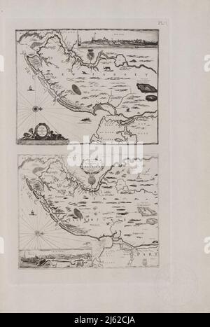 Una Mapp di New Jarsey [la mappa del venditore] c.. 1664 (TOP) A Mapp of New Jersey in America [The Vender-Fisher Map] 1676 (bottom) il periodo di scoperta (1524-1609); il periodo olandese (1609-1664). Il periodo inglese (1664-1763). Il periodo rivoluzionario (1763-1783). Periodo di aggiustamento e ricostruzione; New York come capitale statale e federale (1783-1811) dall'iconografia di Manhattan Island, 1498-1909 compilata da fonti originali e illustrata da riproduzioni di foto-intaglio di importanti mappe, piani, viste e documenti in collezioni pubbliche e private - Volume 1 di Stokes, I. N. Plhelp Foto Stock