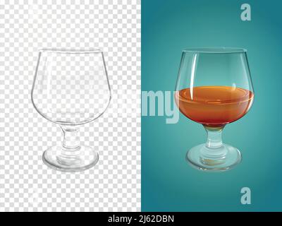 Immagine vettoriale 3D cognac di stoviglie realistiche per cognac brandy. Modelli di dima di mockup per vetri trasparenti isolati o vetreria con metà Illustrazione Vettoriale