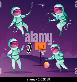 Vettore divertente spacemen che gioca freccette, basket, badminton e disegno nello spazio esterno in spacesuit senza gravità set. Cartoni animati, astronauti Illustrazione Vettoriale