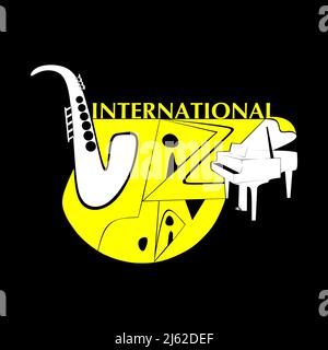 International Jazz Day Music negativo spazio stile vettoriale poster per festival jazz o serata blues retro party con pianoforte bianco e sassofono. STY Illustrazione Vettoriale