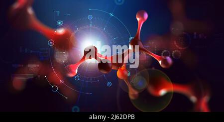 Tecnologia ai. Molecola modello astratta. Tecnologie digitali in ingegneria genetica. Struttura reticolare in cristallo. Ricerca nella sintesi molecolare Foto Stock