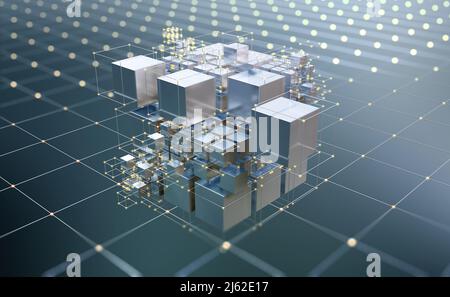 Blockchain, big data, elaborazione dati, database cloud. Virtualità e intelligenza artificiale. Blocchi di informazioni, digitale, finanziario, tecnologie internet Foto Stock