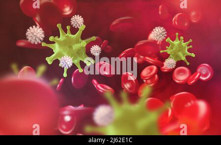 Cellule del sangue. I leucociti attaccano il virus. Immunità del corpo. 3D illustrazione. Innovazioni nella ricerca medica Foto Stock