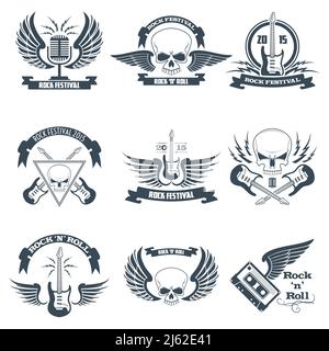 Rock musica nastro emblemi insieme con teschi ali chitarre isolato illustrazione vettoriale Illustrazione Vettoriale