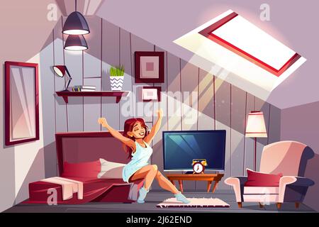 Sano concetto vettore di fumetto sonno con felice donna sorridente in nightcrie, seduta sul letto e stretching dopo il risveglio a illustrazione mattina. Comfo Illustrazione Vettoriale
