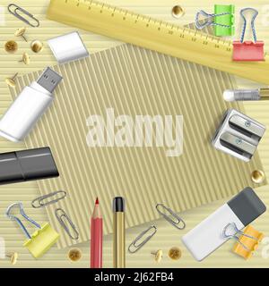 Torna all'università vettore illustrazione di cancelleria per biglietto d'auguri. Modello di righello di istruzione scolastica, penna o matita e cancellatore, graffette e bul Illustrazione Vettoriale