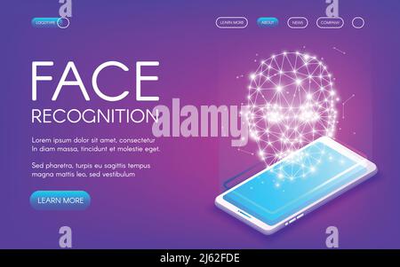 Tecnologia di riconoscimento facciale illustrazione vettoriale dello scanner digitale per l'autenticazione delle identità personali. Fotocamera per smartphone e Face Scan per la ricerca di immagini private Illustrazione Vettoriale